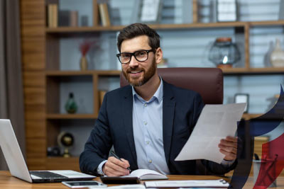 Executive smiling holding documents
